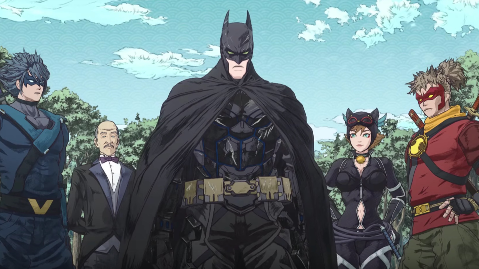 BATMAN NINJA: Batman steht im Kreis seiner Verbündeten.