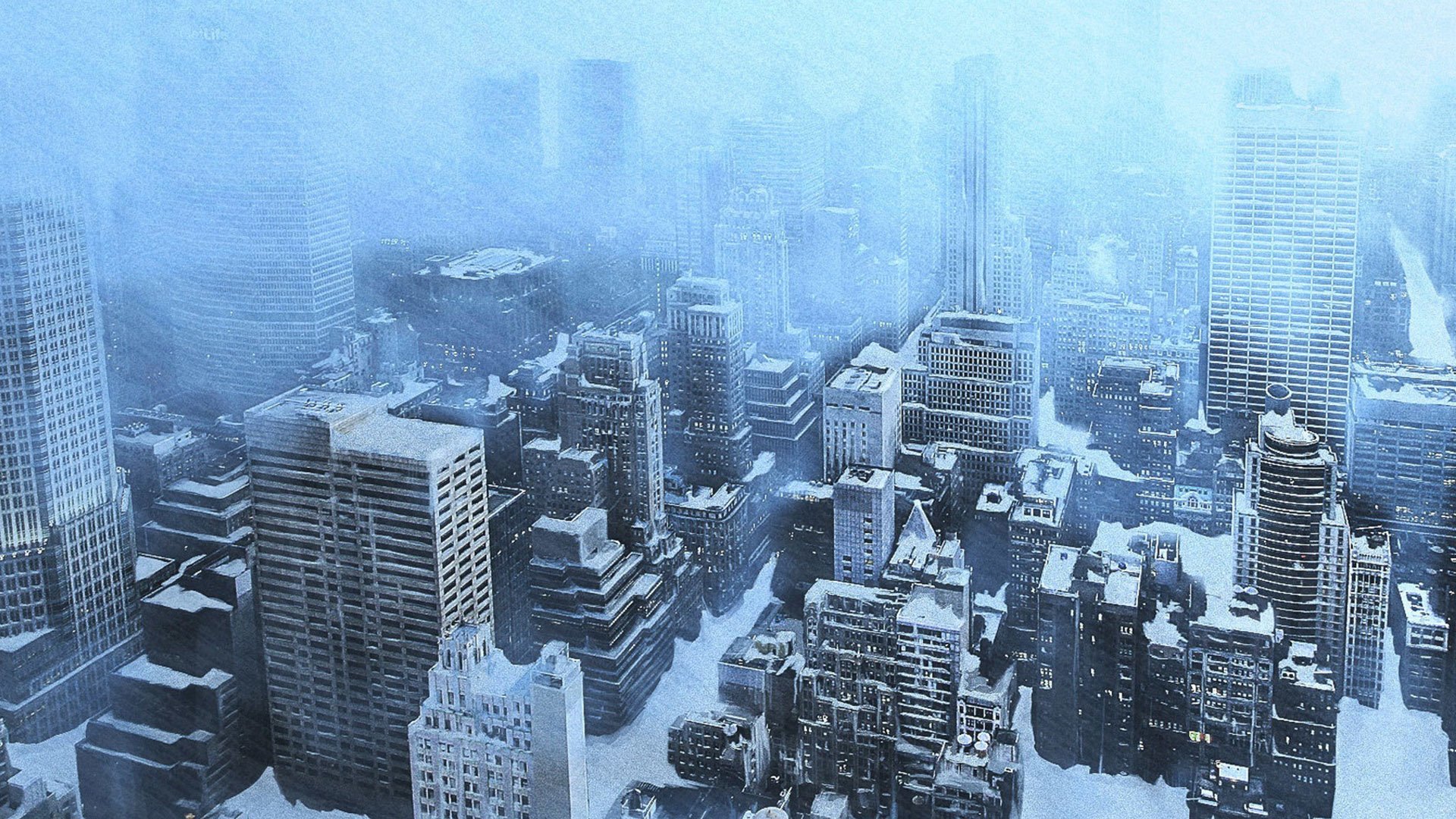 Szenenbild zum Thema Erfrischungsfilme: Manhattan liegt in einer Panoramaaufnahme aus Roland Emmerichs THE DAY AFTER TOMORROW in Schnee und Eis.