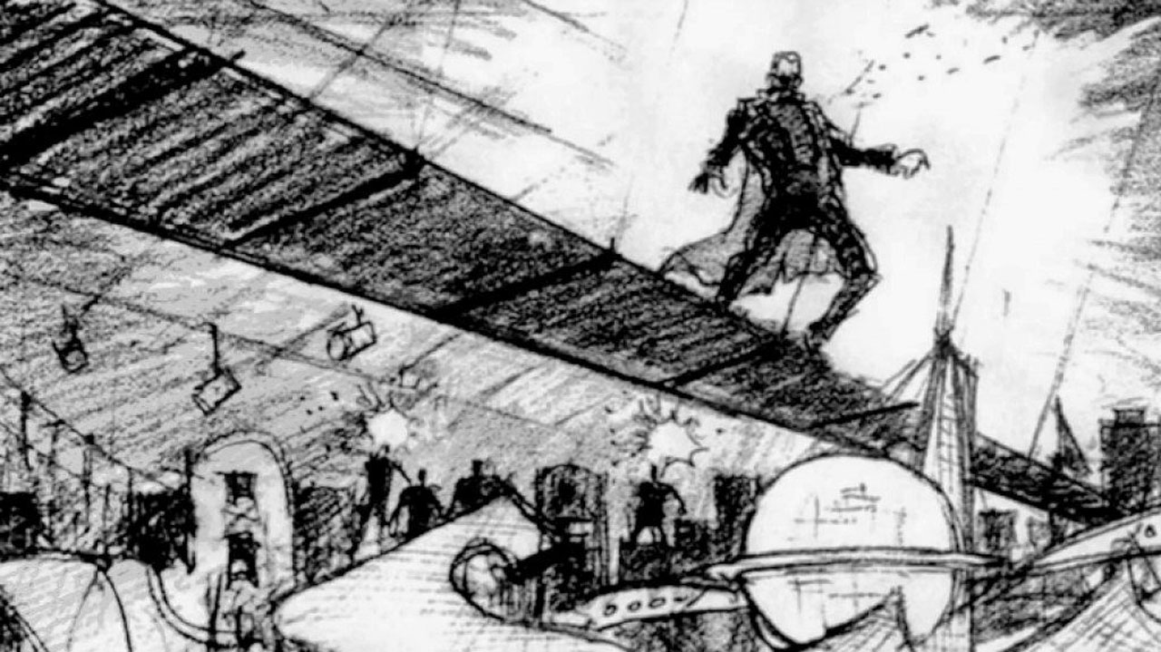 MEGALOPOLIS: Schwarzweiß-Storyboard-Skizze zu Francis Ford Coppolas geplantem Film. Die Skizze zeigt eine Großstadt. Auf einer Brücke steht ein riesiger Mann.