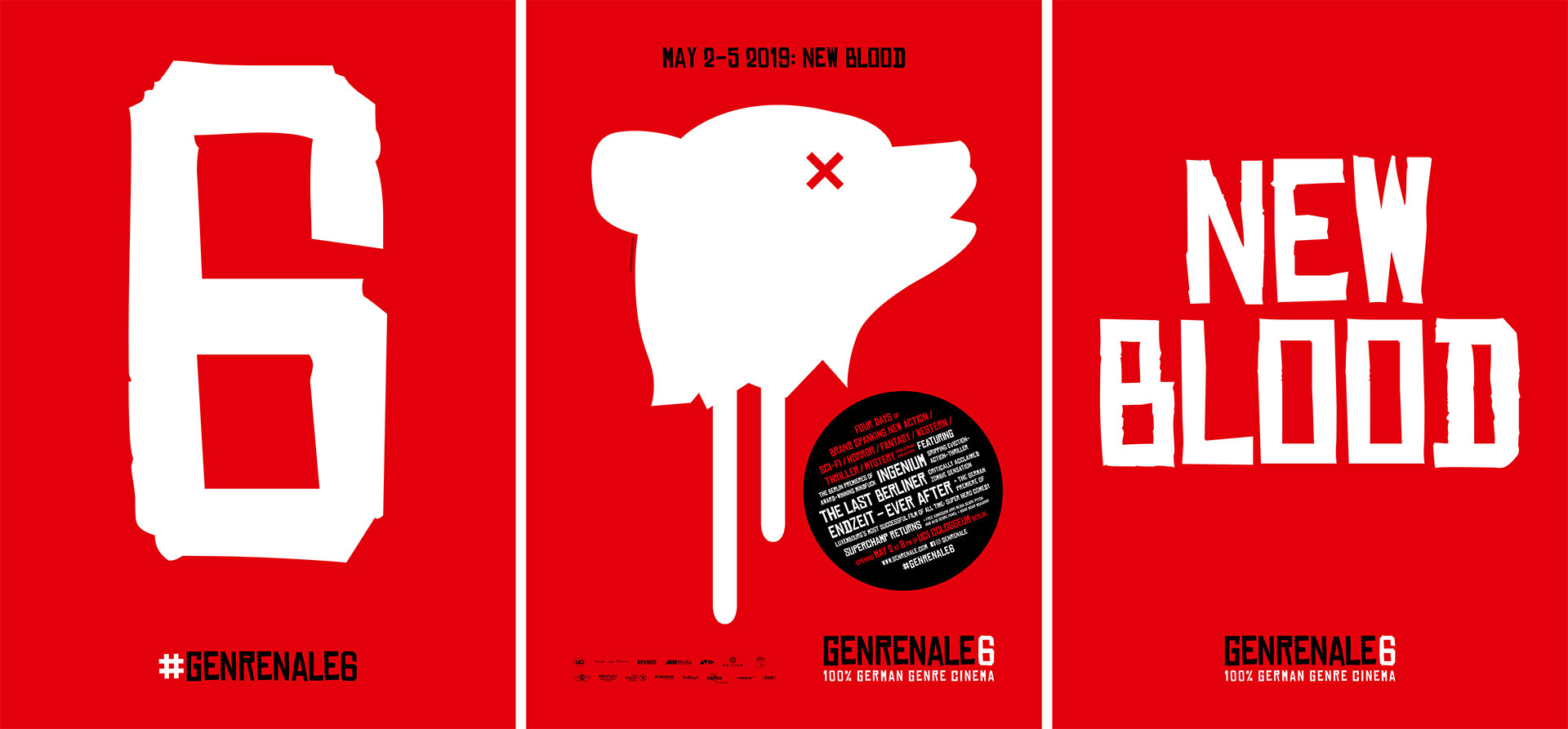 GENRENALE 2019: drei Poster der Veranstaltung. Auf roten Hintergründen befinden sich die Zahl "6" (Poster 1), das GENRENALE-Bärenlogo (Poster 2) und das 2019er-Motto "New Blood" (Poster 3) in weißer Farbe.